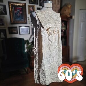 Vintage 60s Coming Attraction Maternity Wear Cream Jacquard Sleeveless Dress